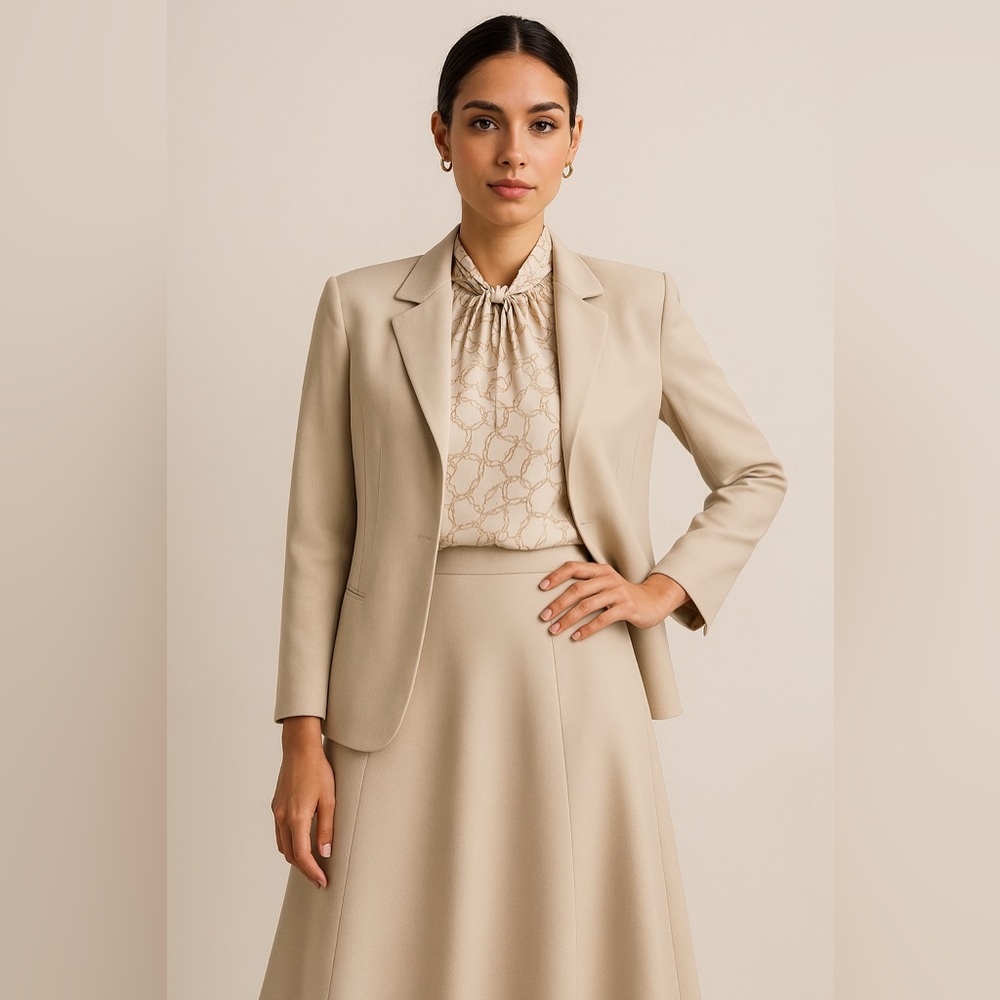 Sport Collection Beige Jacket and Midi Skirt Set Women’s Suit